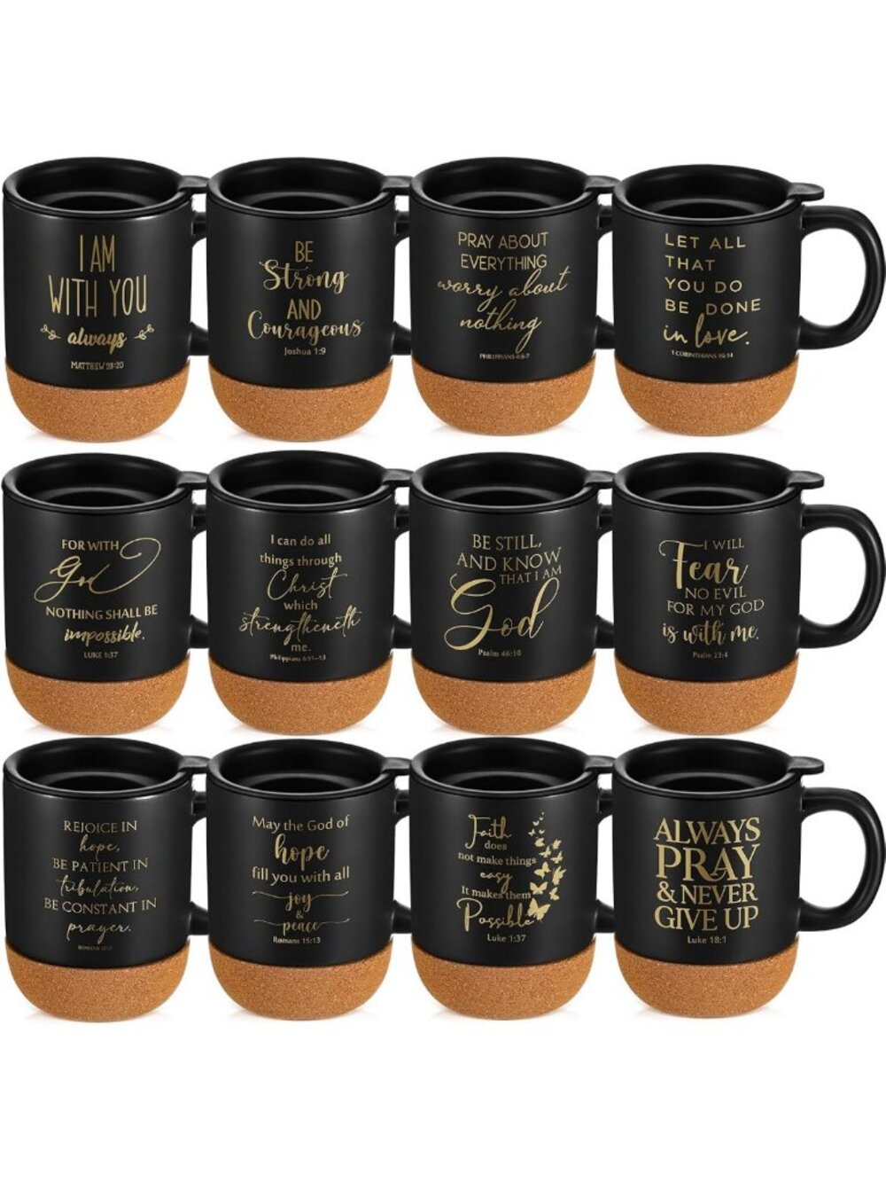 Set of 12 Christian Coffee Mugs - Inspirational Gifts for Faith Lovers, Black